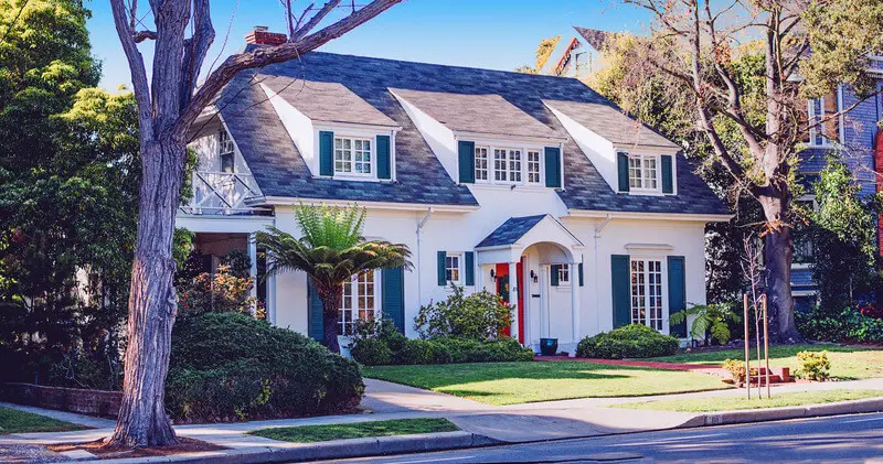 a house with a palm tree and bushes